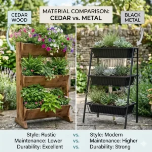 A side-by-side illustration comparing a rustic cedar 3 tier planter outdoor with a modern black metal tiered garden stand.