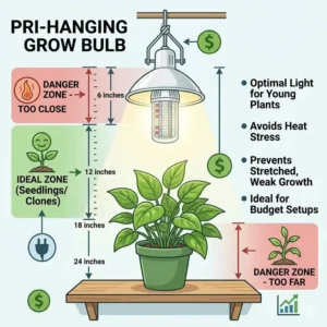 Diagram explaining the correct hanging height and distance for cheap grow bulbs to avoid heat stress.