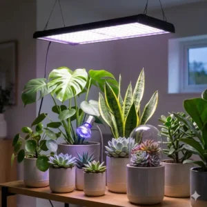 A visual guide focused on succulent care with supplemental lighting using a dedicated UV lamp for healthy indoor plants.