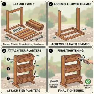 A simplified graphic showing the 4-step assembly process of a DIY 3 tier planter outdoor kit.