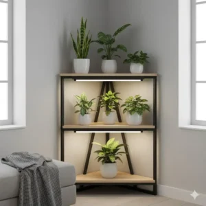 A space-efficient triangular best plant stand with grow lights designed for placing in room corners.
