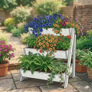 Vibrant cascading flowers overflowing from the different levels of decorative tiered outdoor planters.