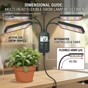 Technical illustration showing the adjustable height and size of a grow lamp with timer.