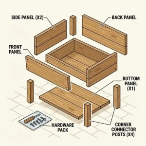 Exploded view showing all individual parts and hardware included with a 3 tier herb planter.