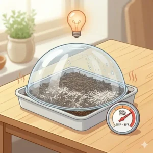 A thermometer showing the ideal warm temperature range for a straw mushroom growing kit.