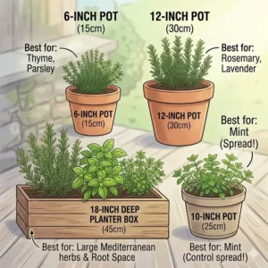 Visual scale comparison of different pot sizes recommended for various species in outdoor herb garden containers.