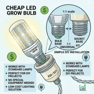 Close-up showing how cheap grow bulbs fit perfectly into a standard E26 or E27 household light socket.