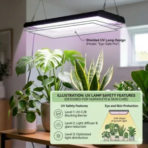 Illustration of a safety-focused shielded design features in a UV lamp for healthy indoor plants.