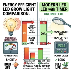 Visual guide to the red, blue, and mixed spectral modes available on grow lights with timer.