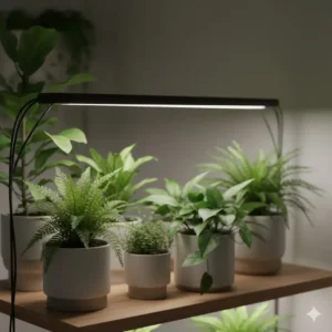 A detailed look at the full-spectrum lighting bars on the best plant stand with grow lights promoting vigorous foliage development.
