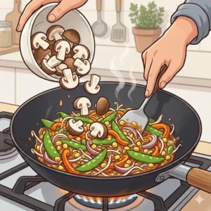 Adding fresh mushrooms harvested from a straw mushroom growing kit into a delicious stir-fry.