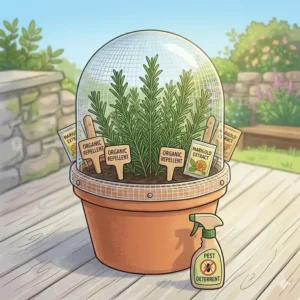 Protective mesh covers and organic repellent stakes used to safeguard plants in outdoor herb garden containers.