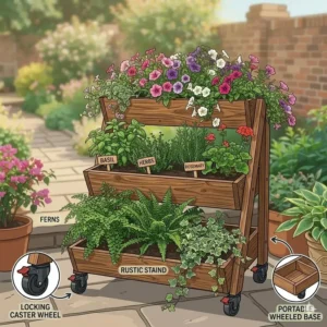 Functional tiered outdoor planters equipped with locking caster wheels for easy movement on a deck.