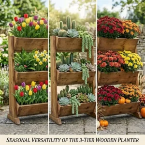 An illustration showing the same 3 tier planter outdoor styled for three different seasons with spring tulips, summer succulents, and autumn mums.