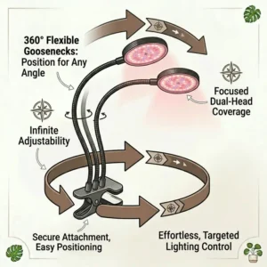 An illustration comparing the positioning of clamp on grow lights for seedlings versus mature indoor plants.