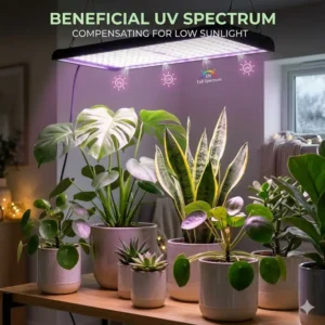 A cozy visual of a functional indoor plant corner using a UV lamp to compensate for low winter sunlight.