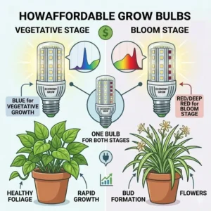 Illustration of plants in both vegetative and flowering stages supported by the same cheap grow bulbs.