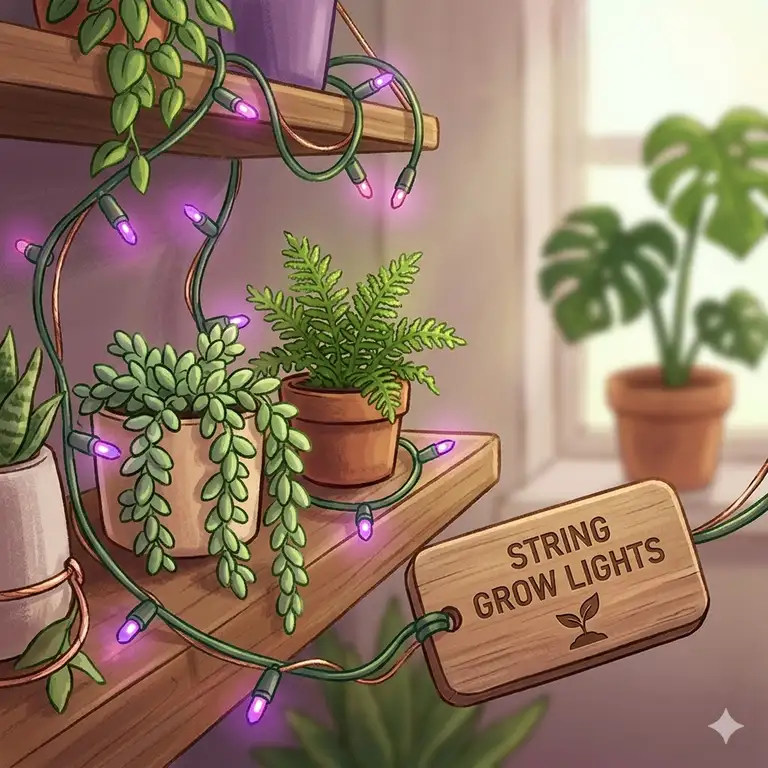 A cozy backyard patio at night illuminated by hanging LED string grow lights draped over a wooden pergola.