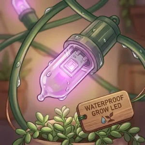 Close-up view of a waterproof LED bulb from a string grow lights set showing the vintage filament style.