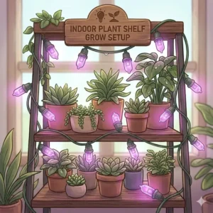 Vertical indoor plant shelf with several potted succulents being nourished by wrapped string grow lights.