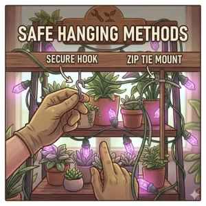 Illustration showing how to securely hang string grow lights using outdoor mounting clips and zip ties.