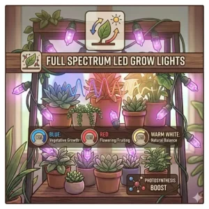 A diagram showing the pinkish-white hue of full spectrum string grow lights optimized for plant photosynthesis.