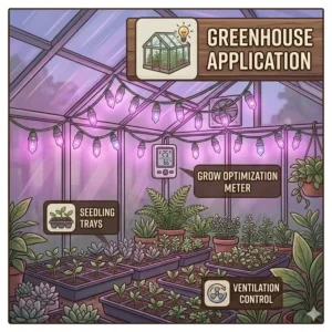 Rows of seed starting trays in a small greenhouse supplemented by overhead hanging string grow lights.