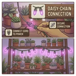 Illustration showing two strands of string grow lights being connected end-to-end for a longer run.