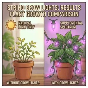 A side-by-side comparison of a plant grown under natural light versus a plant supplemented with string grow lights.