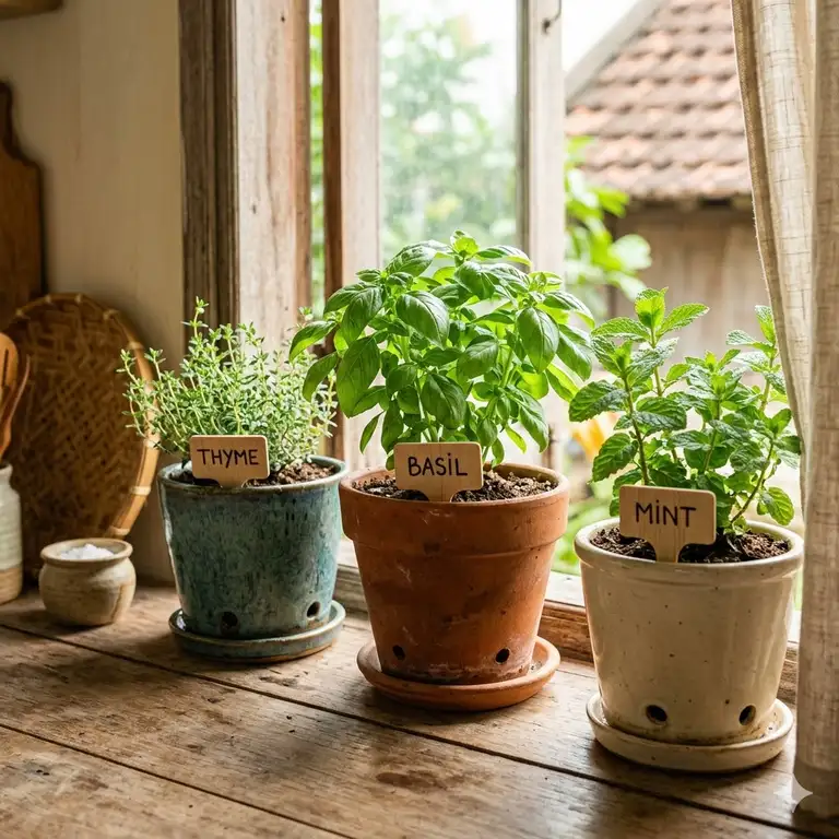 A beautiful kitchen window setup to buy herb pots online featuring fresh basil and mint.