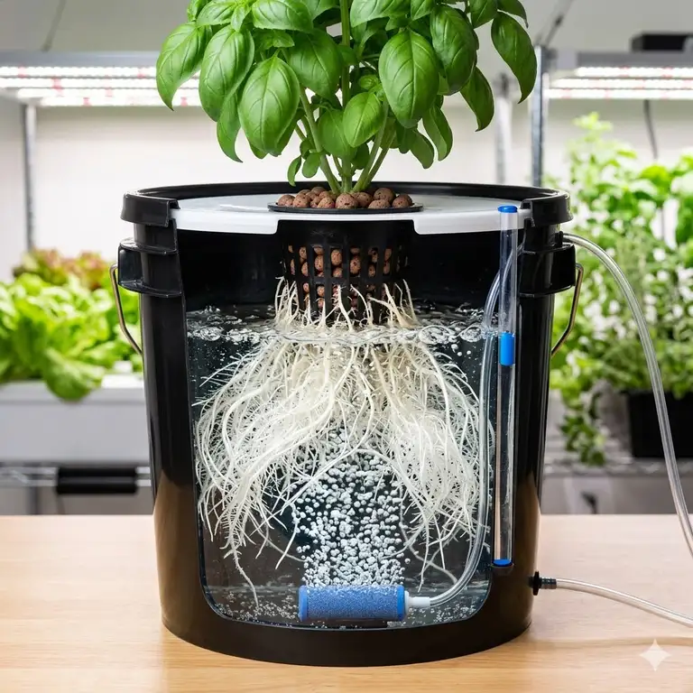 A comprehensive view of a professional indoor hydro dwc system with healthy plants.