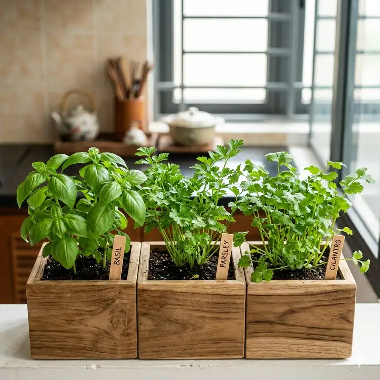 A beautiful indoor windowsill display featuring the best herb grow kits with lush basil and parsley.