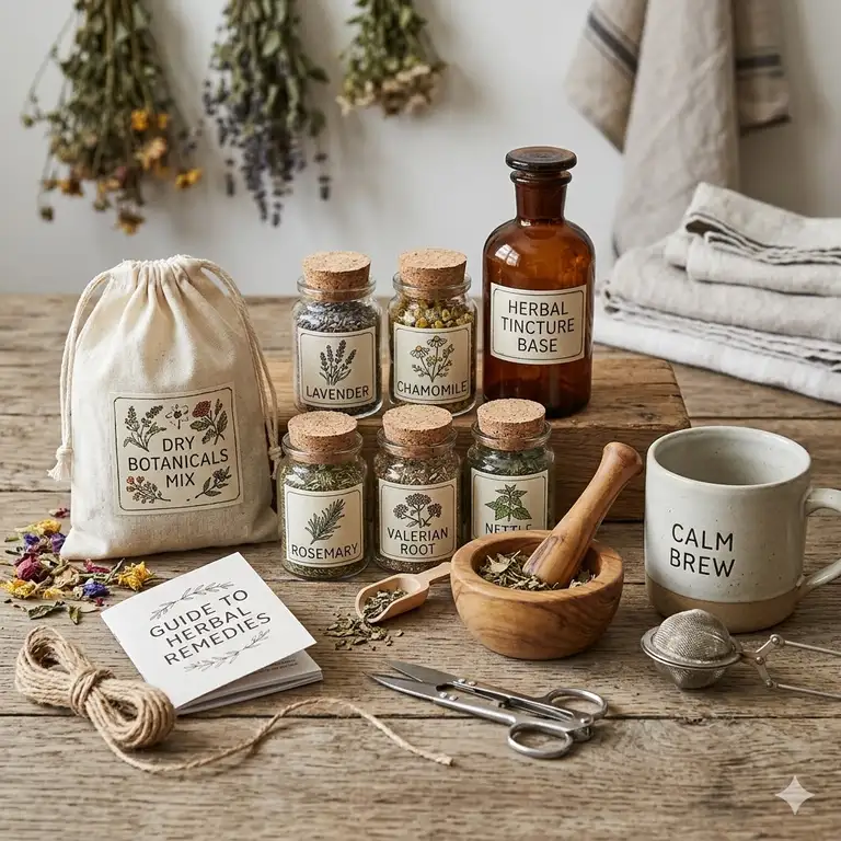 A comprehensive set of organic herbal kits featuring dried botanicals, glass jars, and a wooden mortar.