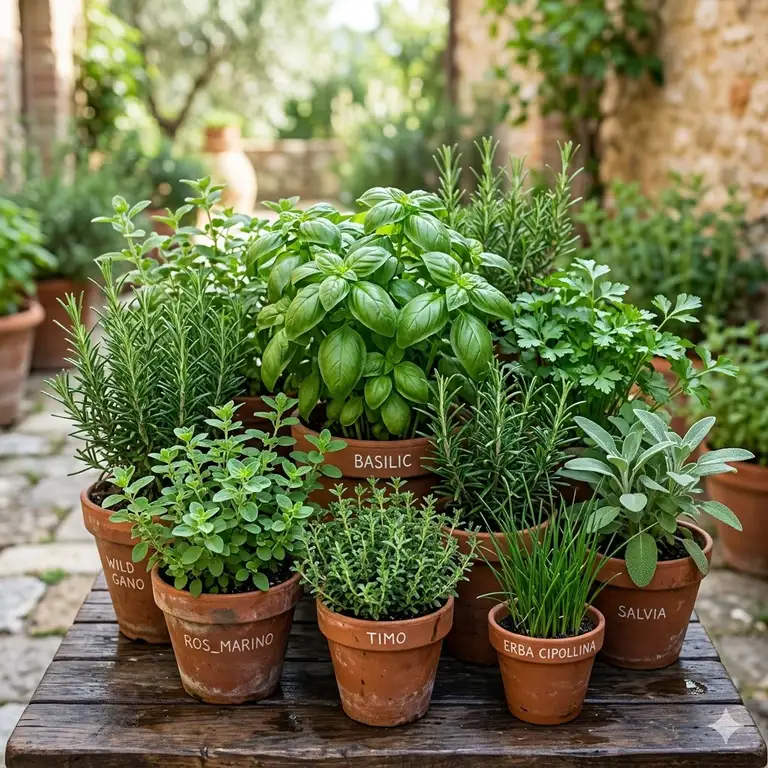 A variety of fresh italian herb plants in terracotta pots sitting on a rustic wooden table in a sunny kitchen.