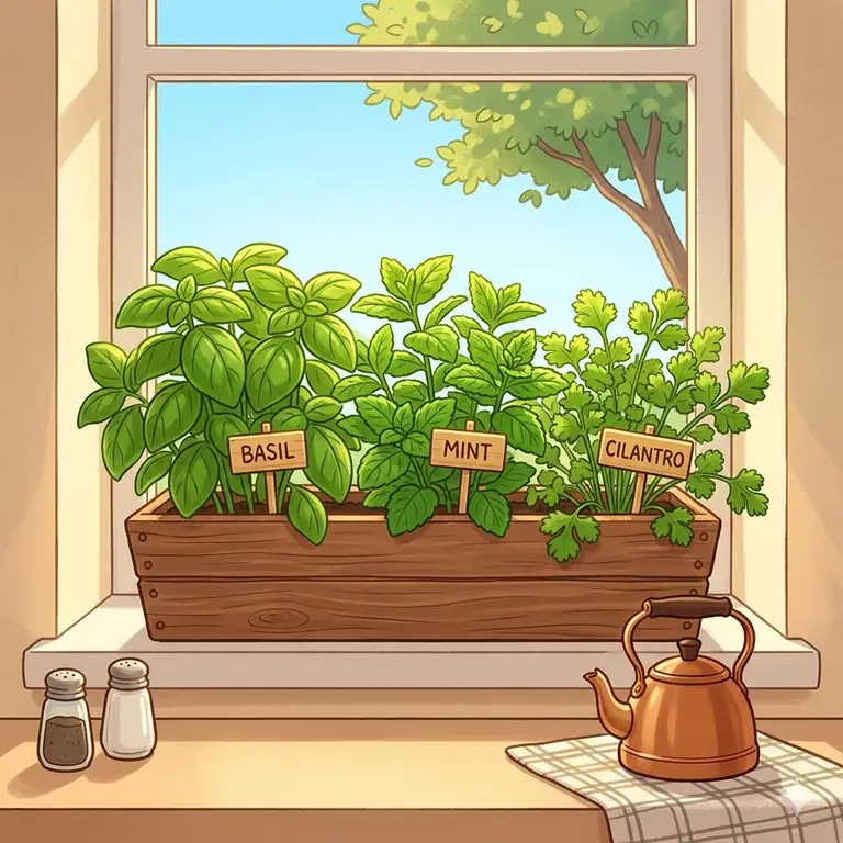 A lush and vibrant indoor herbal garden kit sitting on a sunny kitchen windowsill with fresh basil and mint.