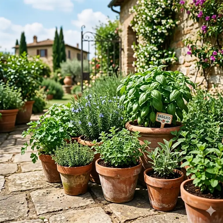 A lush and vibrant italian herb garden featuring terracotta pots filled with fresh basil, rosemary, and oregano on a sunny stone patio.