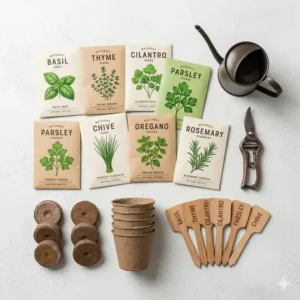 An overhead view showing all the essential components included in these professional herb grow kits.