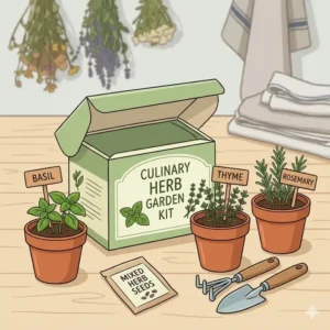 Illustration of culinary herbal kits including basil, thyme, and rosemary seeds with small pots.