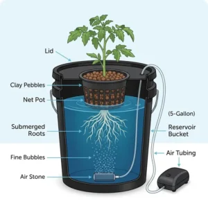 A technical diagram showing the internal components and airflow of a deep water culture kit.