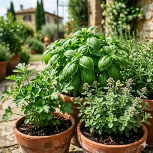 Close-up illustration of the three most essential herbs for an italian herb garden: sweet basil, pungent oregano, and flat-leaf parsley.