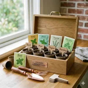 An organic starter kit for a culinary herb garden present with seeds and peat pots.