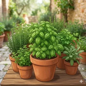 Close-up of vibrant green sweet basil leaves, a primary staple among italian herb plants.