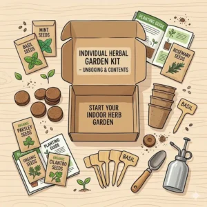 An overhead flat lay showing the complete unboxed contents of a DIY herbal garden kit.