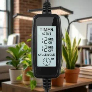 Close-up graphic of the digital controller and user interface for modern plant lights with timer settings.