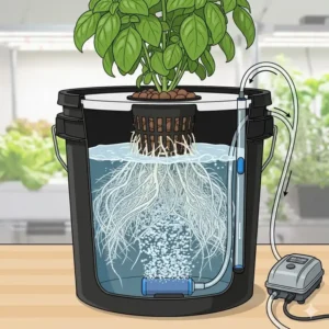 An air pump and stone setup providing essential oxygen to a hydro dwc system.