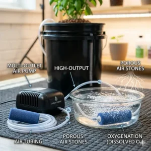 High-output air pump and oxygen stones used to provide aeration in a deep water culture kit.