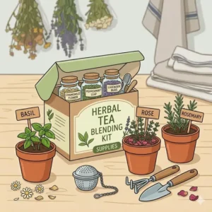 Detailed herbal kits for tea blending with loose-leaf chamomile, peppermint, and a tea infuser.