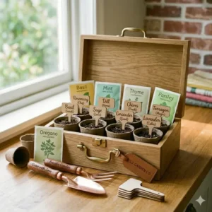 A personalized herb garden present featuring custom engraved wooden plant markers.