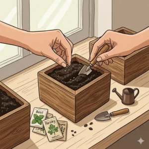 Close-up of hands carefully planting organic seeds into the soil pods of the herb grow kits.