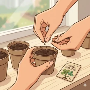 Close up of hands carefully sowing organic seeds into the soil of a new herbal garden kit.